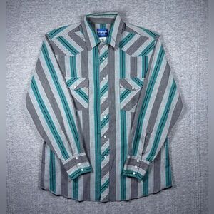 Vintage Wrangler Pearl Snap Shirt Mens XL Teal Gray Thin Striped Western 90s